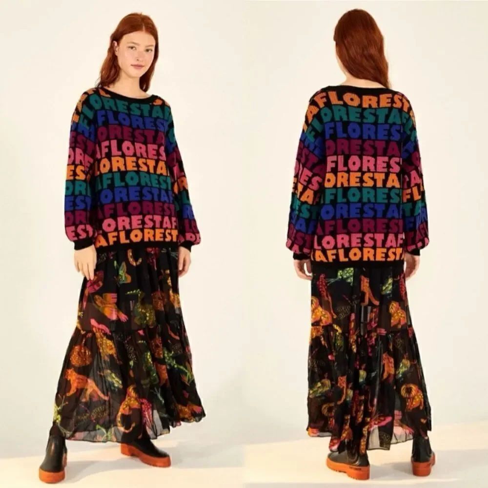 Farm Rio Rainbow Floresta Tricot Multicolor Dress Sweater Crew Scoop Size XS